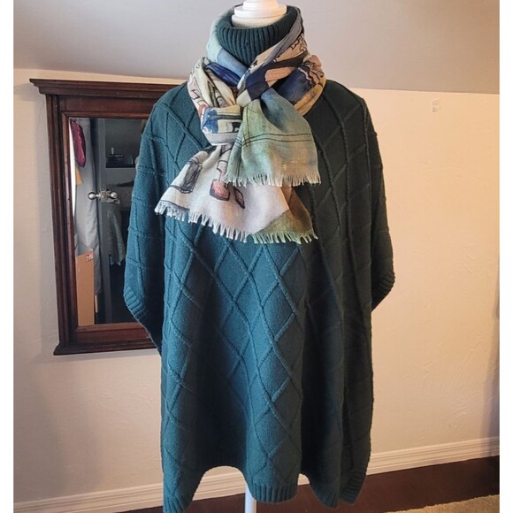 Loft Deep Emerald Green Diamond Knit Turtleneck Poncho Cape Sweater OS fits most - Picture 4 of 9